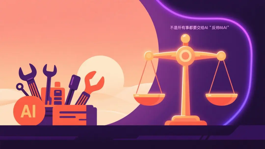 能不能 vs 該不該 · 左側一堆工具（AI 圖標）躍躍欲試，右側是一把發光的判斷天平，象徵"不是所有事都要交給 AI"的反思與剋制，背景温暖落日漸變