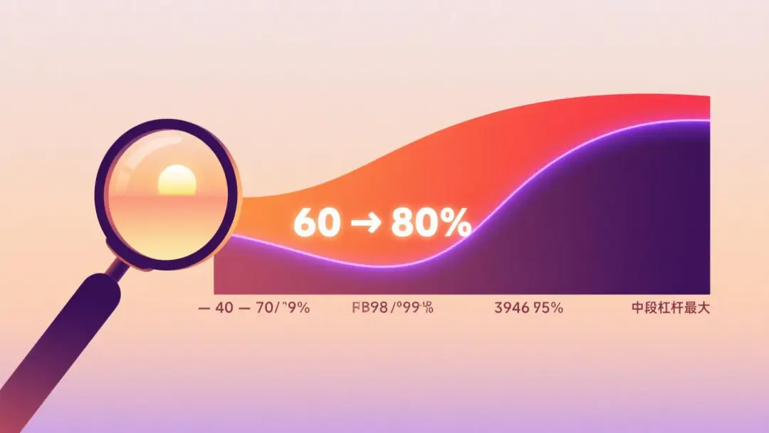 優先級槓桿 · 一把放大鏡聚焦在"60 → 80 分"的中段任務上發光最亮，兩端（40 → 70 / 90 → 95）的任務處於暗區，視覺傳達"中段槓桿最大"的判斷法