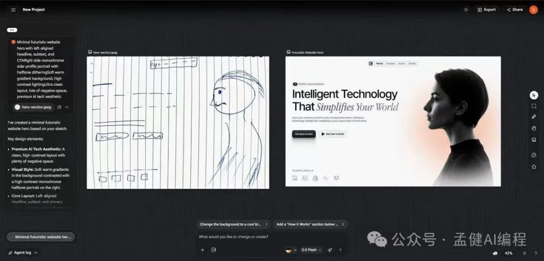 左邊是紙上手繪的線框草稿，右邊 Stitch 直接生成了完整的網頁設計