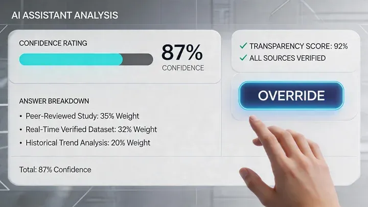 A sleek AI interface displaying a confidence meter and explanation panel — showing '87% confidence' with a breakdown of how the answer was derived. A human hand reaching toward the 'override' button, symbolizing user control. Clean futuristic dashboard with trust indicators and transparency metrics around the AI output.