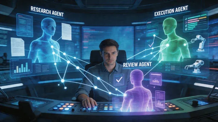 A single person at a command center overseeing three AI agents working in parallel — one researching, one executing tasks, one reviewing — each as an autonomous digital avatar with distinct roles connected by neural network. One human orchestrator in the center, not the worker.