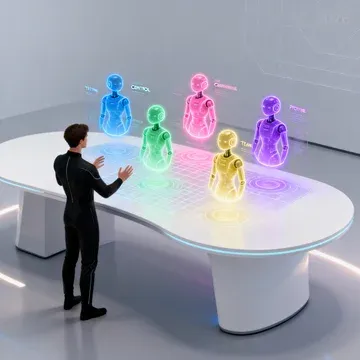 A futuristic tech workspace where a human collaborates with five glowing AI orbs, each representing a different interaction paradigm — testing, control, companionship, team, and prototype. Clean minimal 2026 design language.