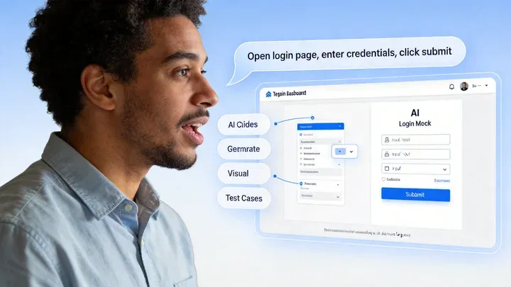 A person speaking naturally to an AI interface saying "Open login page, enter credentials, click submit" while AI instantly generates visual test cases on screen. No code visible — the AI adapts to human language. Modern testing dashboard with flowing conversation UI.