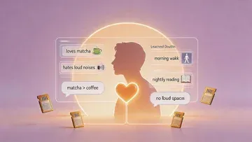 Two silhouettes of a person and an AI companion in a warm glowing circle — the AI has accumulated layers of memory cards, journal entries, and shared history around it. The person is looking at a timeline showing past conversations, preferences, and learned habits. A heart symbol connecting both. Intimate yet technological atmosphere, soft lighting, 2026 design aesthetic.
