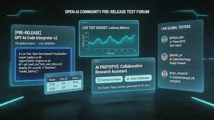 An open community forum visualization with floating code snippets, datasets, and app prototypes being tested in real-time by invisible global users. Community members discovering and validating new AI capabilities before official announcements. Transparent collaborative testing environment.