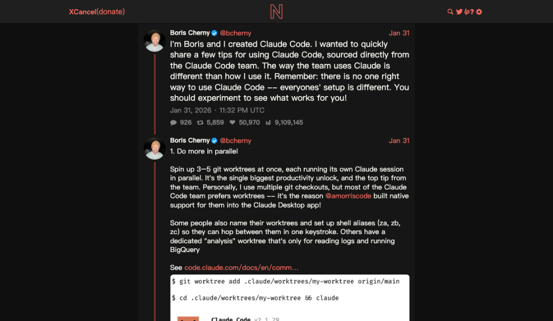Boris Cherny 分享 git worktrees 技巧的推文