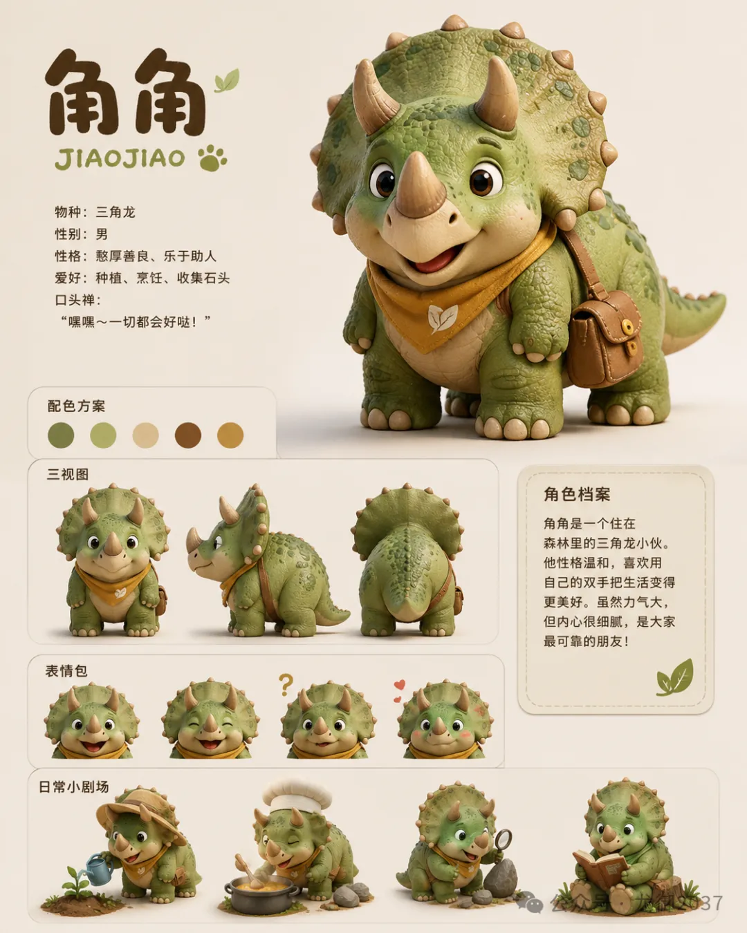 已生成圖片：角角的可愛三角龍設計圖