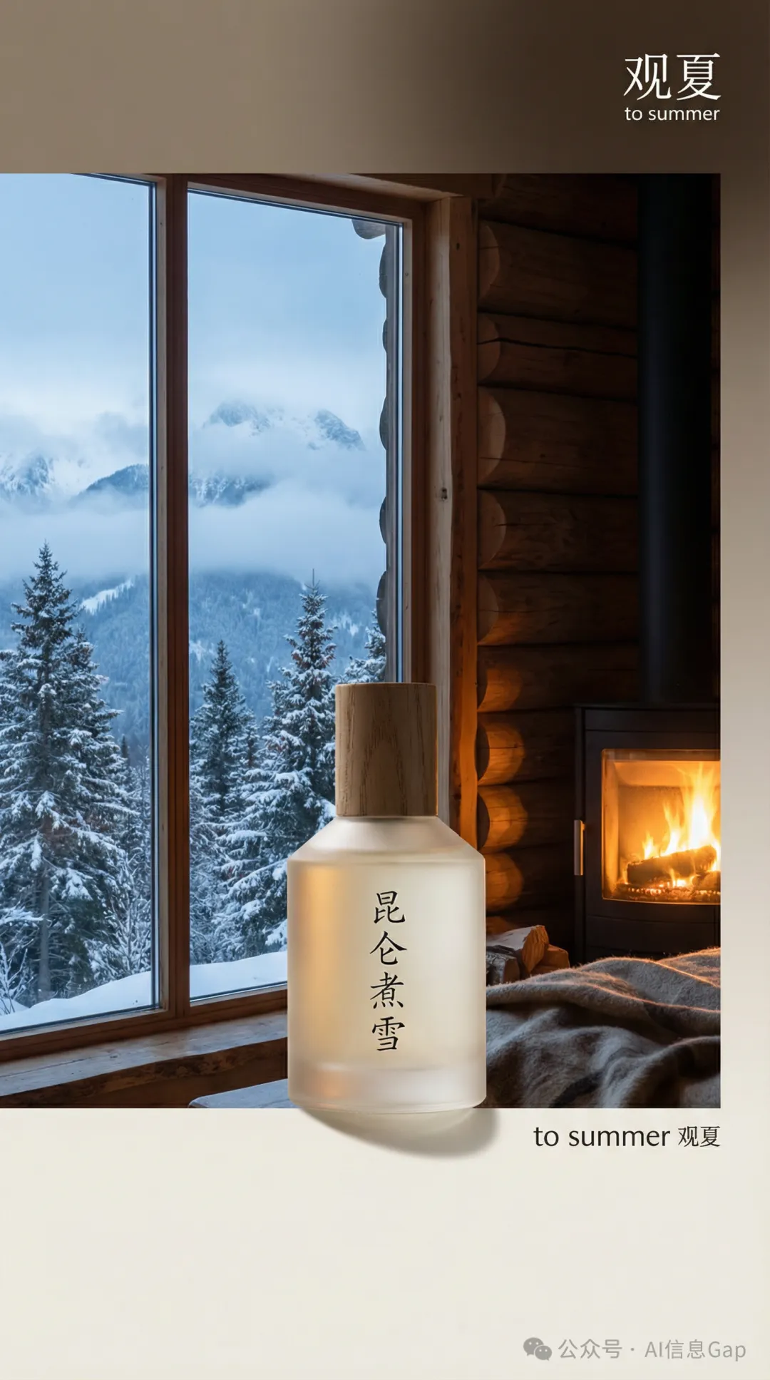 用同樣的品牌風格，為觀夏「崑崙煮雪」設計一張冬季氛圍海報。雪山松林間的木屋，窗邊放着一瓶崑崙煮雪，柴火映着暖光，窗外是皚皚白雪。9:16 豎版。