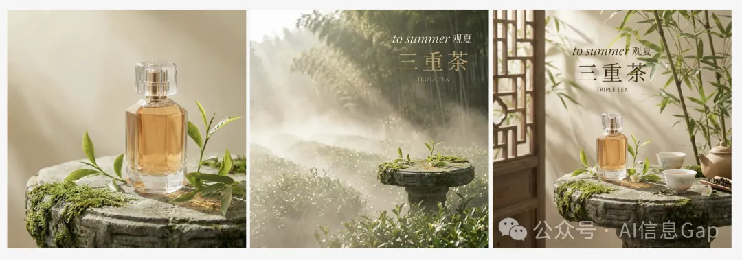 基於這張主視覺,延展出 3 張小紅書配圖。1:1 正方形。第一張突出產品特寫,第二張是茶園場景氛圍,第三張是產品與東方庭院元素的組合。保持品牌調性一致。