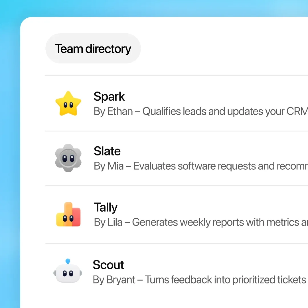 Team directory list view showing agents Spark, Slate, Tally, and Scout with icons, creator names, and short descriptions of their functions.